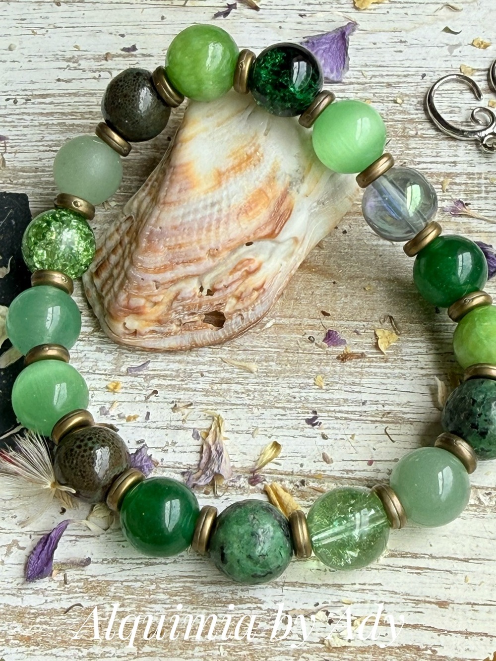 Mixed Green gemstones Beaded Bracelet with Antique Gold Accents